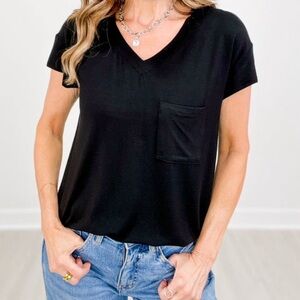 NEW! Super Soft Stretchy Solid Short Sleeve Basic V-Neck Top 1XL Black